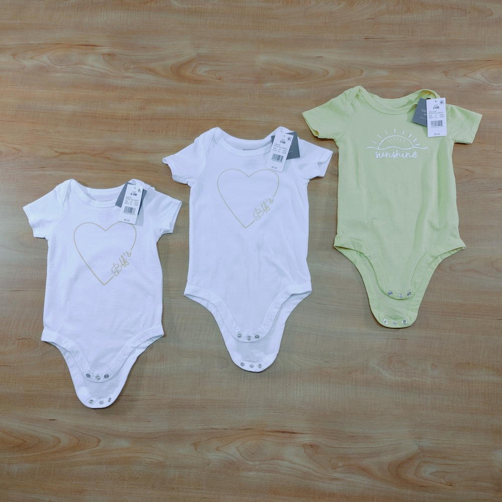 Grayson Mini Baby Bodysuit Bundle 3pk White Yellow Heart Sunshine 6-9M 18M 24M
